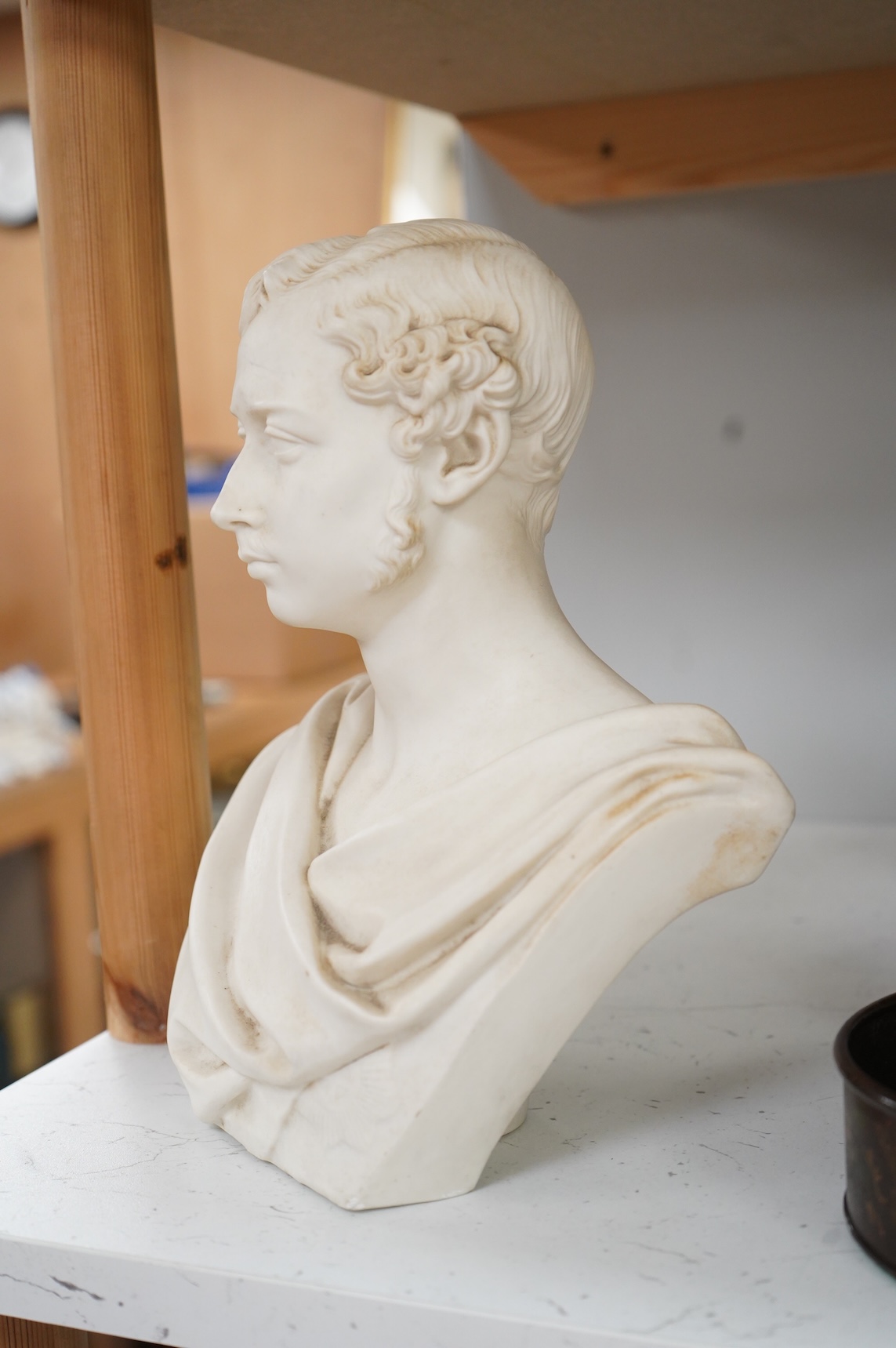 A Copeland parian bust of Prince Albert, after the sculpture by Marshall Wood, 1963 for the Crystal Palace Art Union, socle lacking, 26cm high